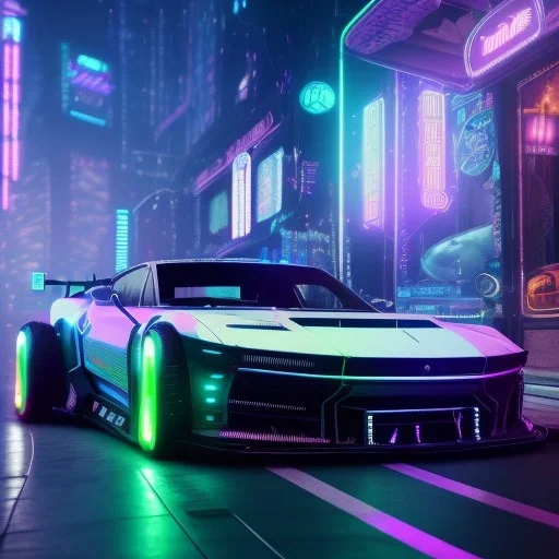 cyberpunk hyper car,cyberpunk 2077, ultra realistic,shiny, smooth, studio quality, octane render, Surrealism, Triadic colour scheme,glow-stick, ambient lighting,nightclub lighting, polaroid, 100mm, --ar 3:2 --v4