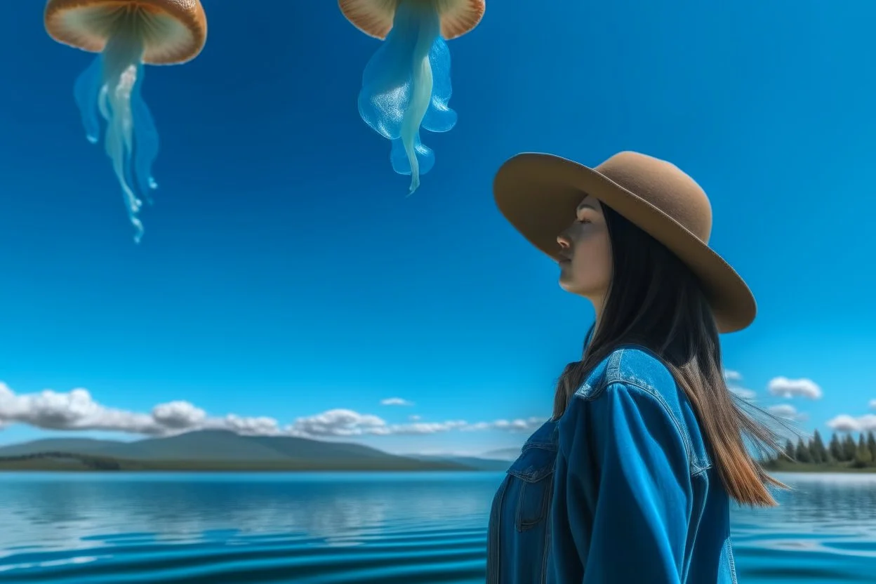 woman standing next to a lake looking at flying mushrooms, with jellyfish tenacles in a blue sky