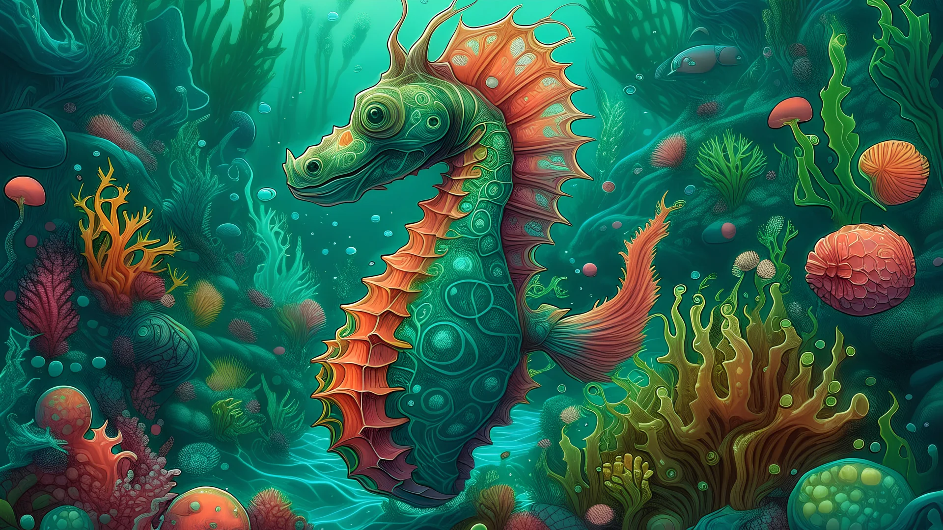 The image features a sea horse surrounded by vibrant coral reefs and various sea creatures in an intricate illustration style. The sea horse is detailed with delicate patterns and intricate textures, blending seamlessly with the underwater environment. The background is filled with colorful coral formations, swaying seaweed, and schools of fish, creating a lively and dynamic scene. The lighting is dappled and ethereal, filtering through the water to illuminate the scene with a soft, dreamy quali