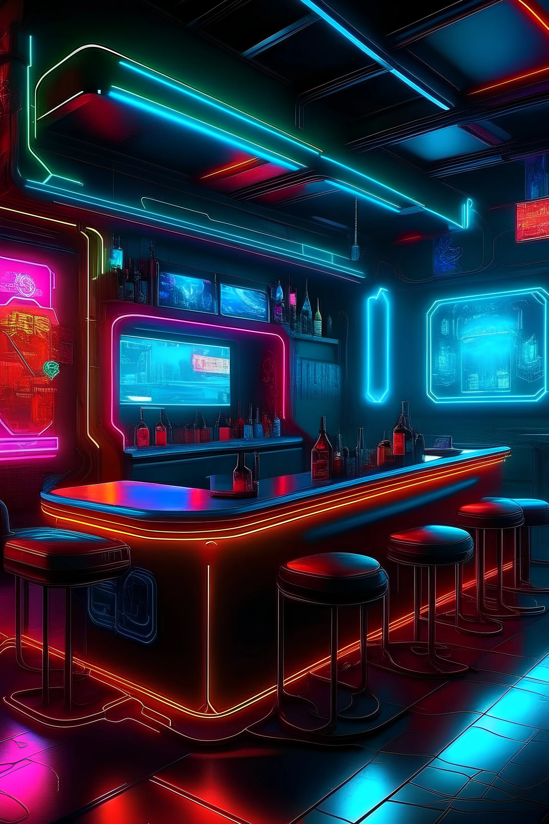 cyberpunk bar with simpe shapes and neon lights