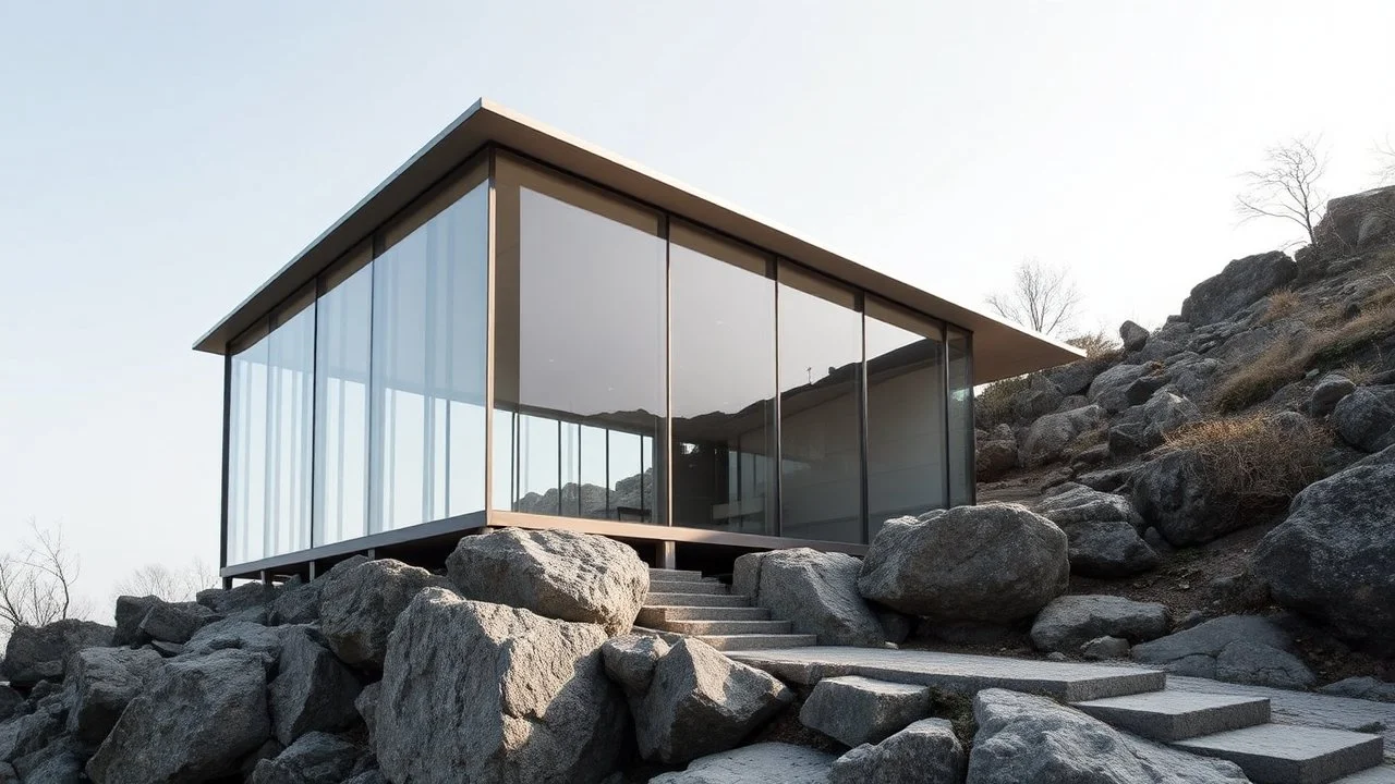 A pavilion inspired by Kazuyo Sejima’s architectural philosophy, situated on a rocky hillside. The design includes delicate steel columns, expansive glass walls, and a thin, floating roof that creates an ethereal presence. The structure allows the surrounding rocks and natural forms to remain dominant, with soft shadows and reflected light creating a serene atmosphere.