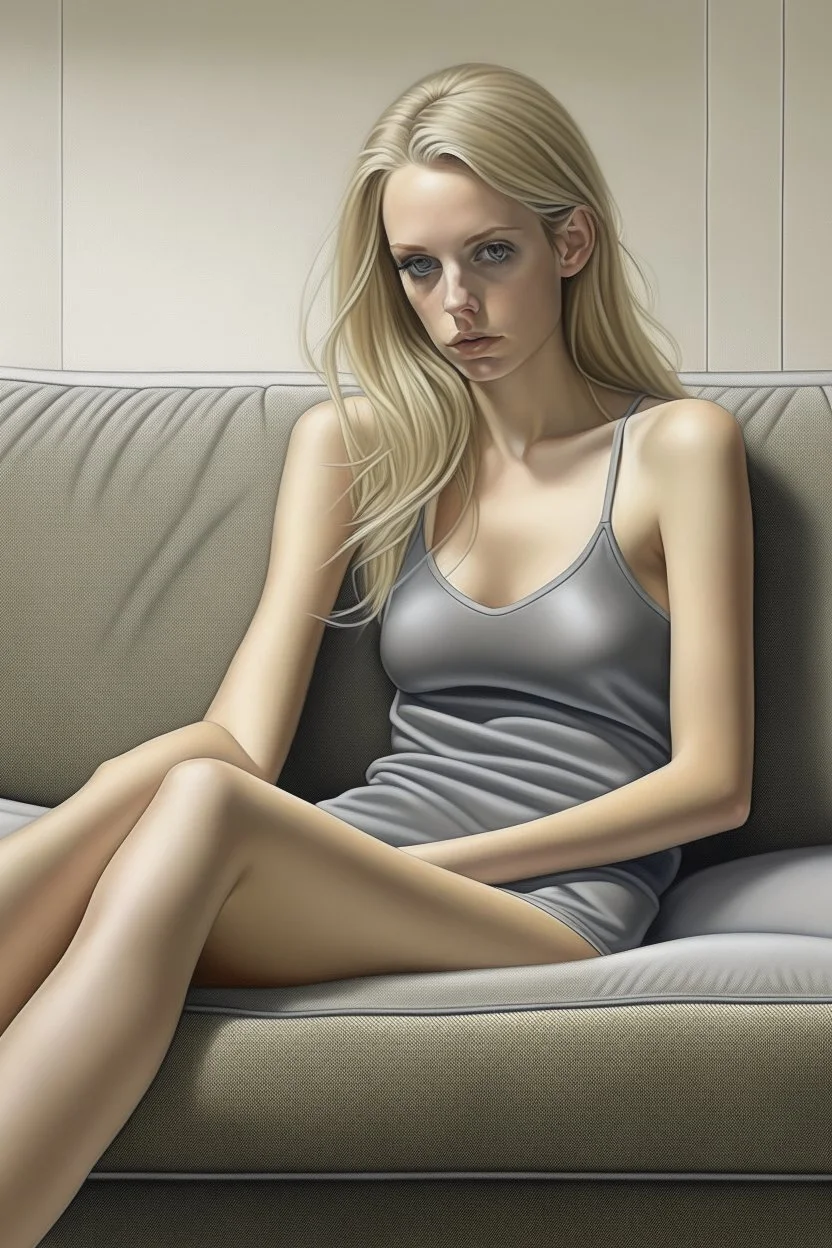 beautiful girl on sofa, anorexic, american apparel, grey bikini, photorealistic, blond hair to chin