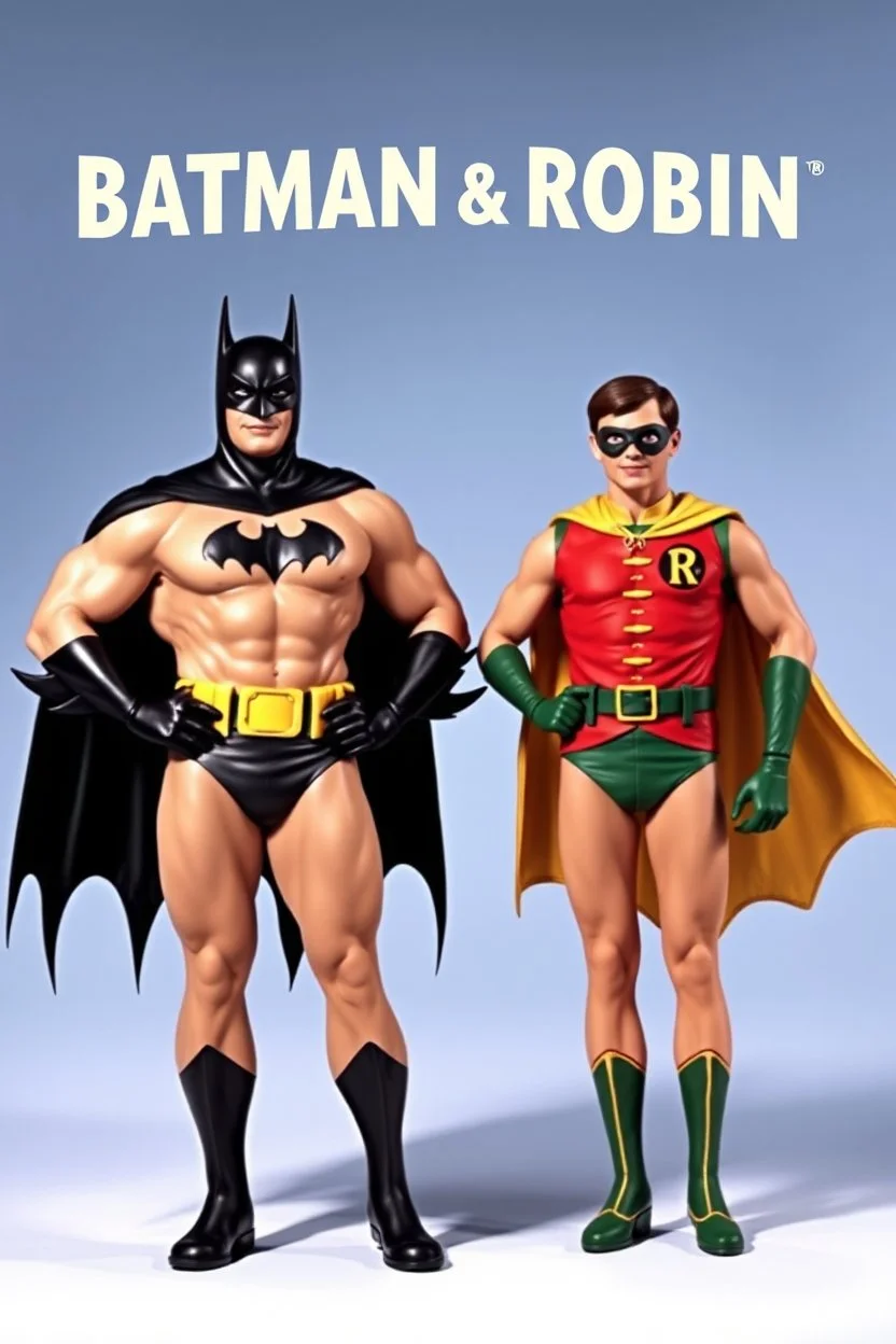 an extremely muscular version of the Adam West Batman and the Burt Ward Robin with the word (("BATMAN & ROBIN")) across the top