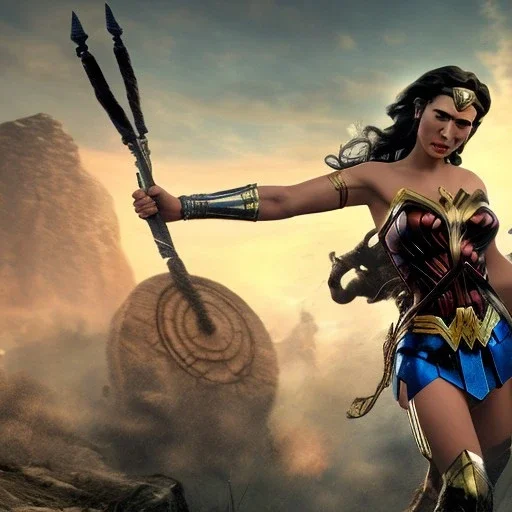 Wonder woman is fighting a giant bug with 40 arms