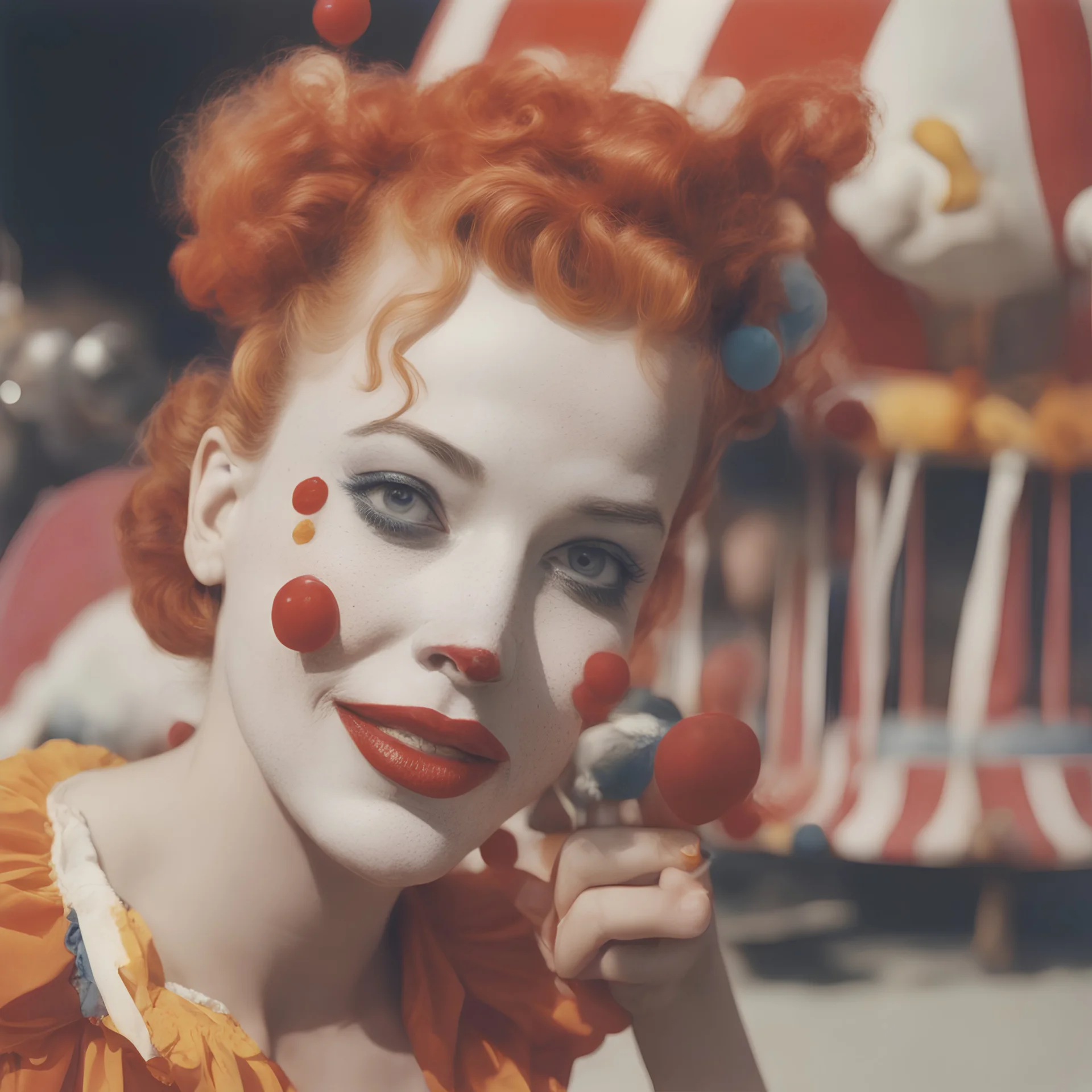 A woman , freckles, with a clown at the circus, 1950s, red, orange, pink, golden