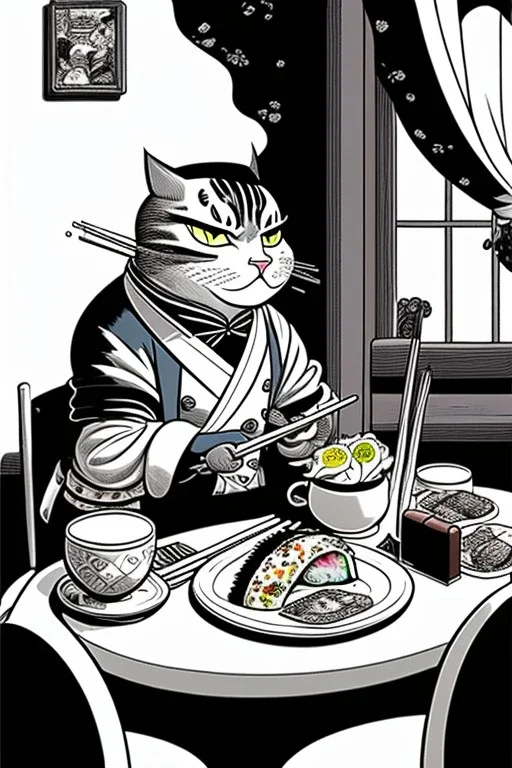 Cat, sitting at a table, eating sushi,perfect iris, ink and pencil, style Carl barks