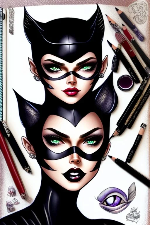 Cute friendly Catwoman, playing with cute cats, perfect eyes, perfect iris, ink and pencil, style Elisabeth Kreitz