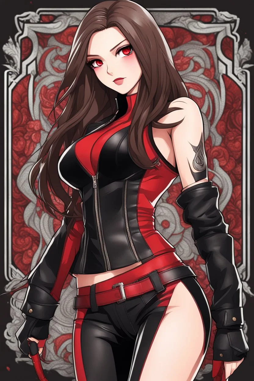 a full-body shot of a woman with long brown hair parted in the middle, red eyes, with a 'bad girl' vibe striking a confident pose, wearing black and red leather, ((Chibi anime doll style)), intricately detailed, splash art background