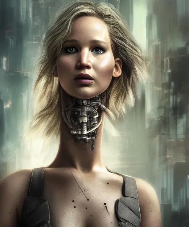 A portrait post-apocalypse cyborg Jennifer Lawrence in a cyberpunk city, sci-fi fantasy style, 8k, volumetric lighting, particales,highly detailed,cinematic, deep scars on face,deep colours.adorable, seductive and sexy looking, slight smile, intricate, elegant, highly detailed eyes, digital painting, 8k, artstation, concept art, smooth, sharp focus, illustration, studio quality, art by victo ngai