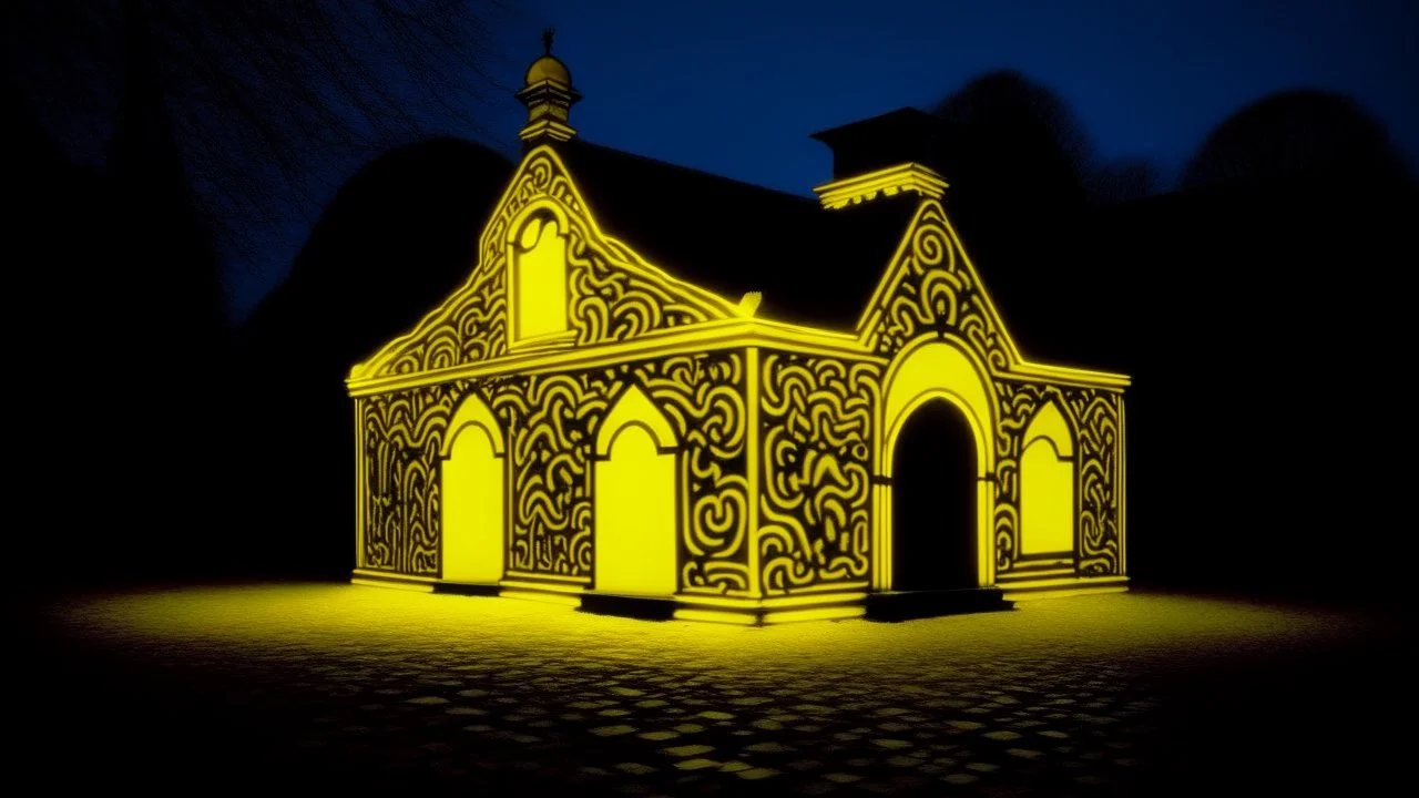 A temple with light yellow lightning painted by Keith Haring