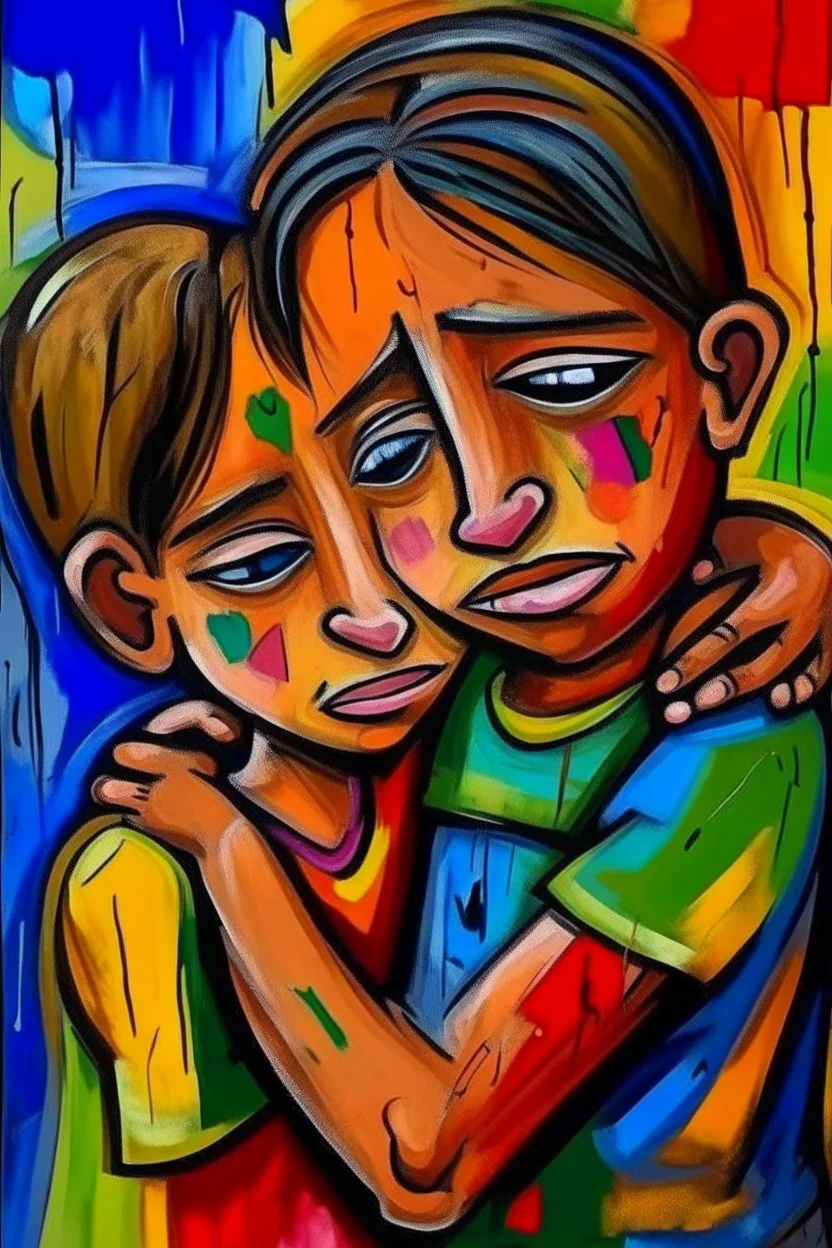 a girl hug her brother and both crying sadly, expressionism, Pixar style, in abstract art Basquiat, Picasso, Miro, Kandinsky, Klee, Birell, Fairey, Ardon, Buffet aand Picasso style, HD --s 750 --v 5.1 --style raw, water color
