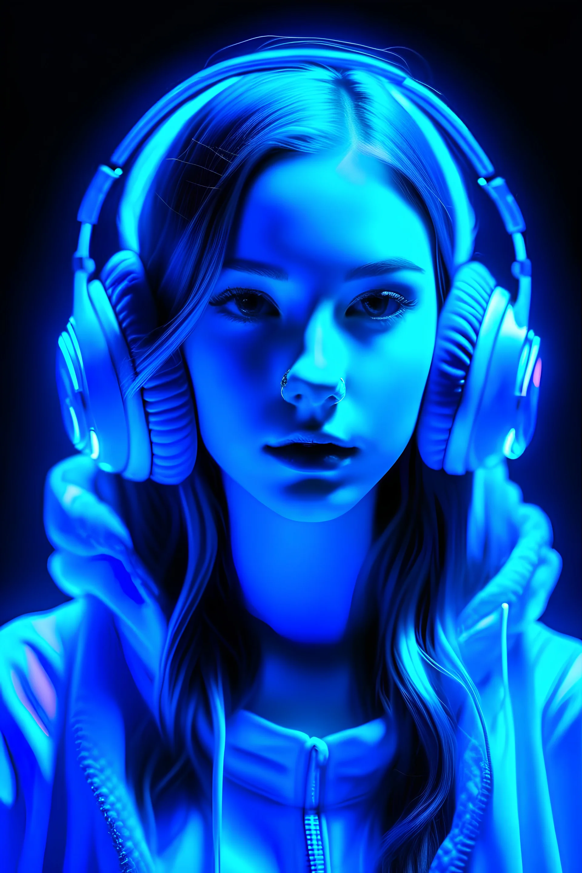 Girl, headphones, neon light blue,