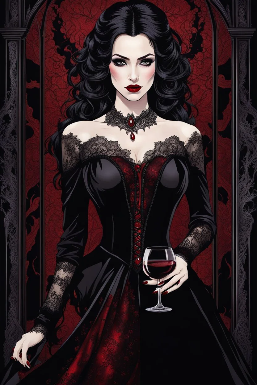 A captivating, high-resolution image of a stunningly elegant vampire woman exuding both beauty and danger. Dressed in exquisite black gothic clothing adorned with intricate details and black lace, on her dress red blood stains adding a dramatic effect. Her pale skin contrasts sharply with her dark attire, and her long, dark hair cascades down her shoulders. Holding a glass of red wine, she radiates an air of mystery. The background is dark and enigmatic, with soft, realistic lighting casting sha