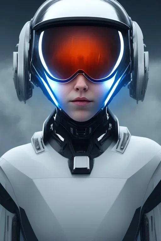 Black intergalactic pilot AnnaSophia Robb, portrait, bright white eyes, wearing high tech pilot helmet, beautiful face, white smoke, dark, rage, sorrow, high definition, ultra 8 k, volumetric lighting, blue fire, fog