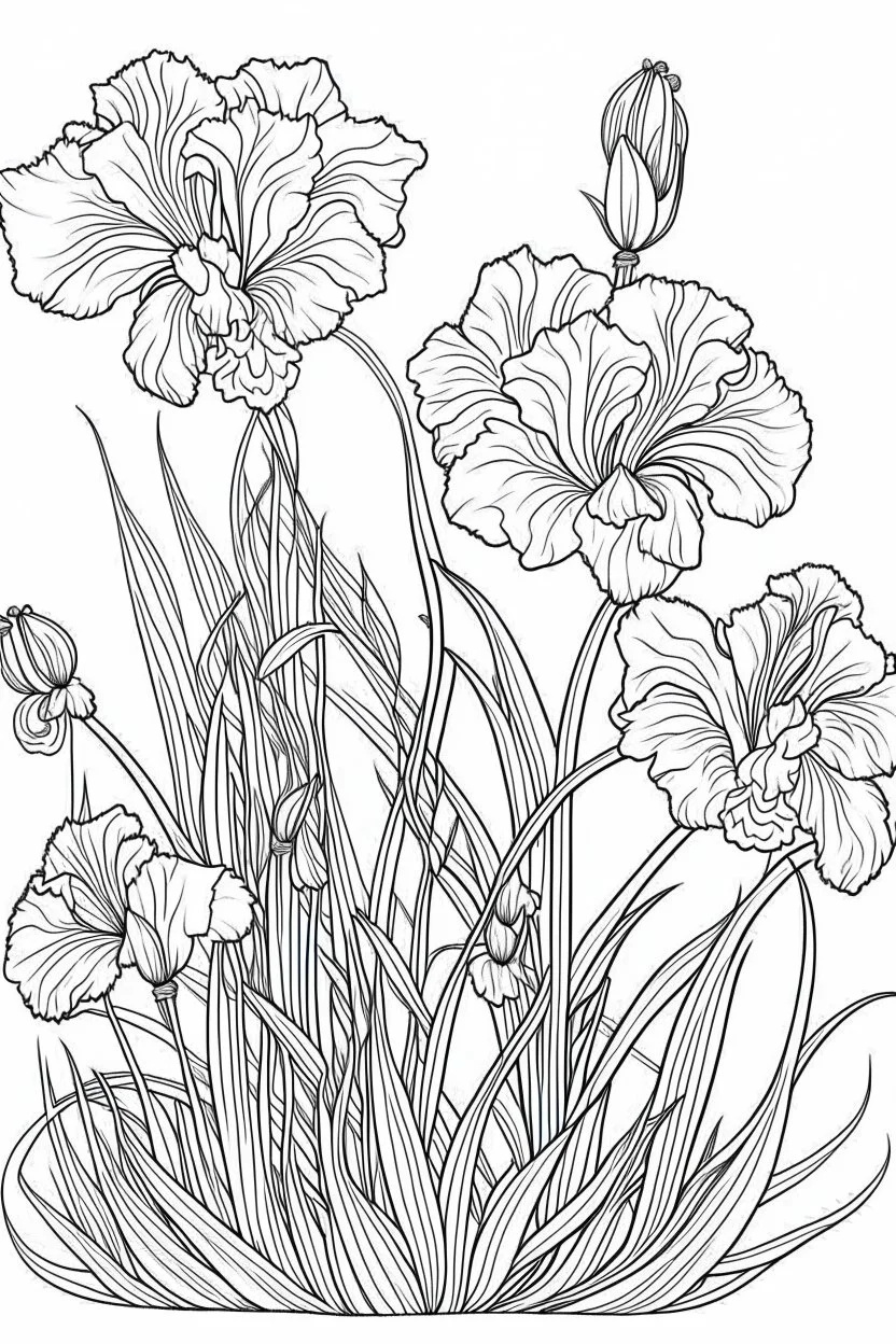 Outline art for coloring page, IRIS FLOWERS WITH STEMS, coloring page, white background, Sketch style, only use outline, clean line art, white background, no shadows, no shading, no color, clear