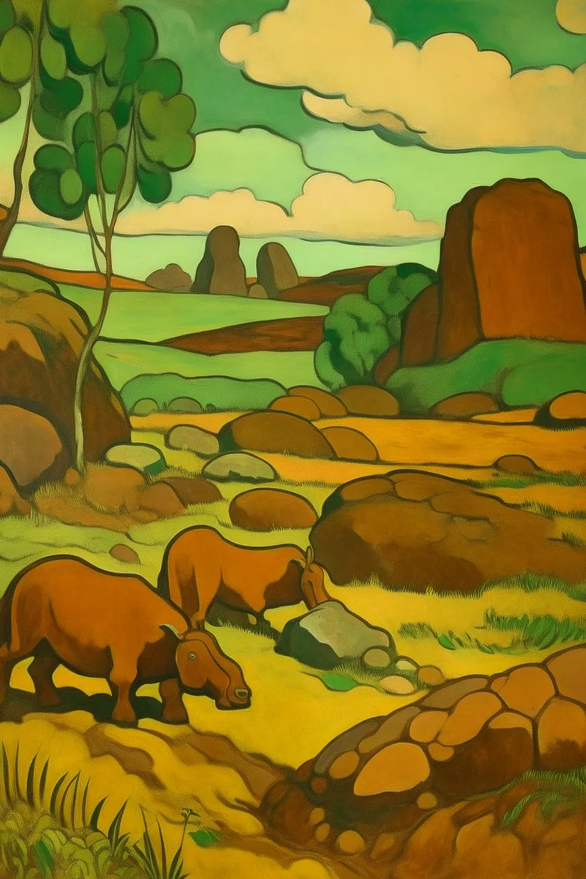 A brown savanna with block shaped rocks painted by Paul Gauguin