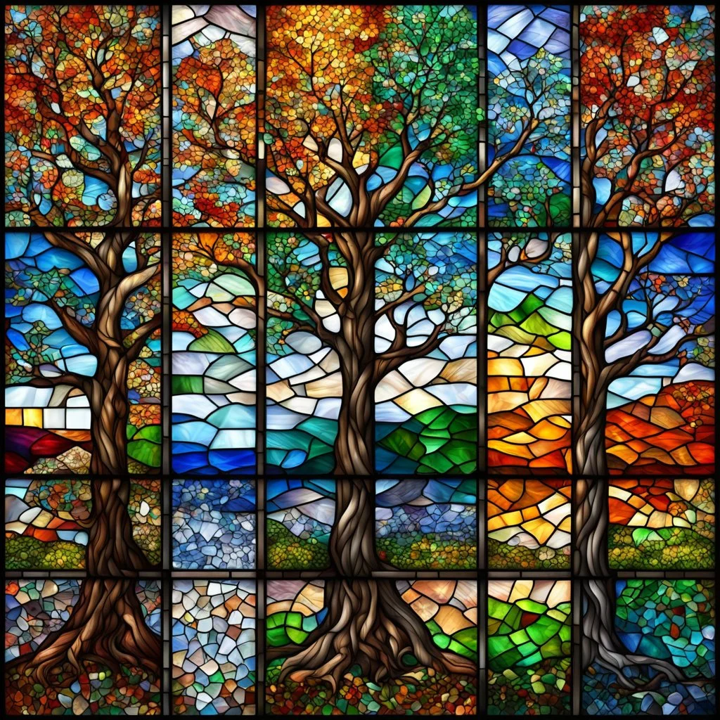 mesmerizing stained glass depicting a tree in four different seasons; summer - winter - spring- fall; mosaic with defined tile edges, ultra hd, realistic, vivid colors, best quality, fragile, dynamic, transparency, photorealistic