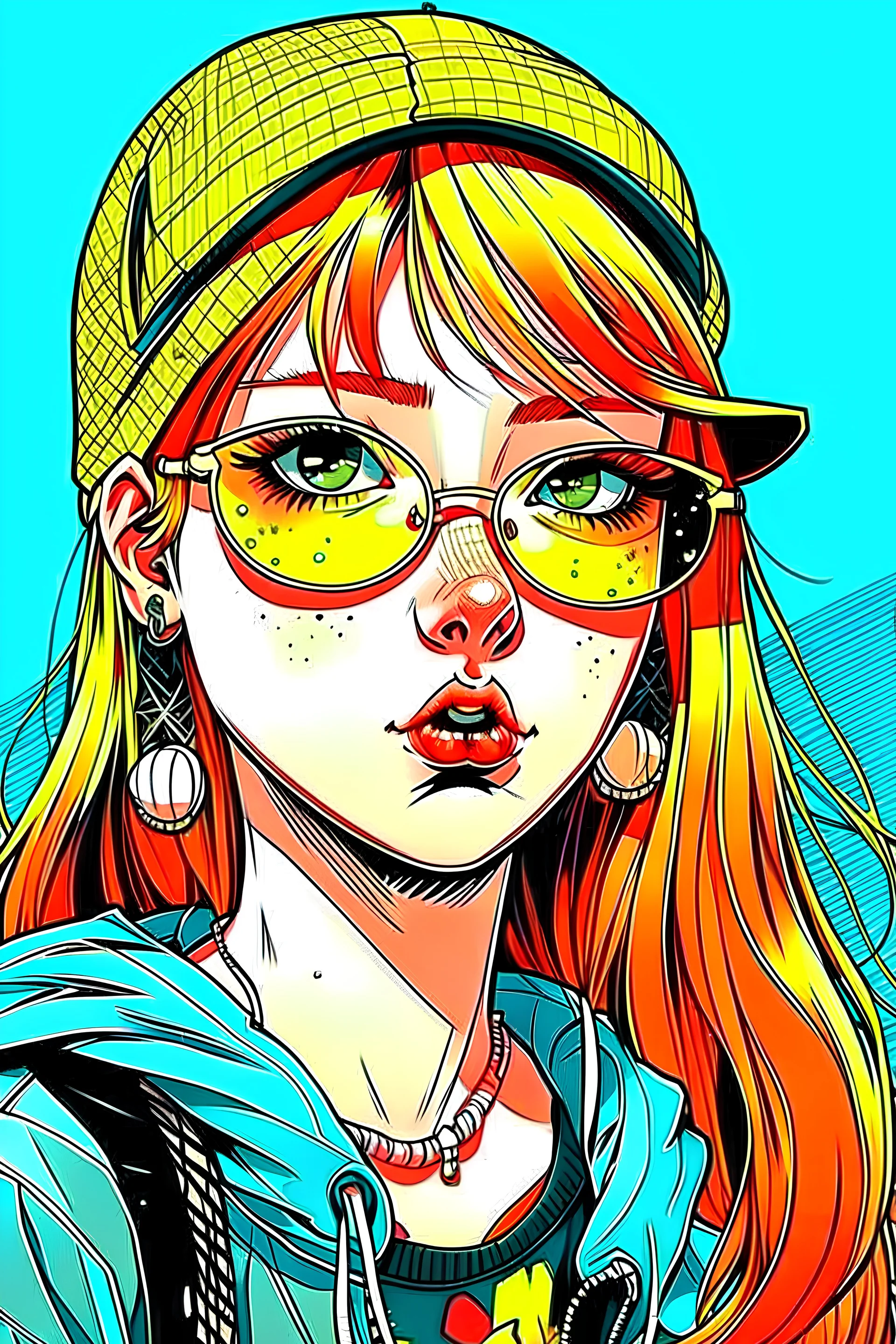 japan teenager girl with red hair wearing a sporty sweatshirt and baseball cap and sunglasses with red lenses, gabriel picolo comics, simple background, 80's,