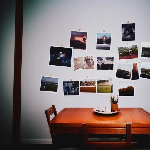 Room with table and chairs full with Polaroid pictures + cinematic shot + fish eye lens + photos taken by ARRI, photos taken by sony, photos taken by canon, photos taken by nikon, photos taken by sony, photos taken by hasselblad + incredibly detailed, sharpen, details + professional lighting, photography lighting + behance photographys + unsplash