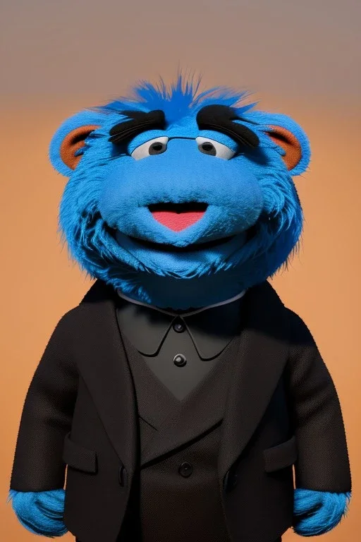 Waist up muppet Portrait, Kim Jong-un as muppet doll, black suit, photo studio, blue background, unreal engine 5, concept art, art station, god lights, ray tracing, RTX, lumen lighting, ultra detail, volumetric lighting, 3d.