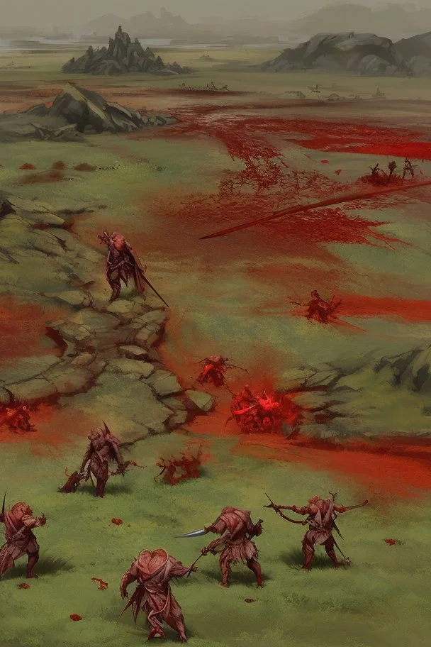 a red battle field with dead orcs