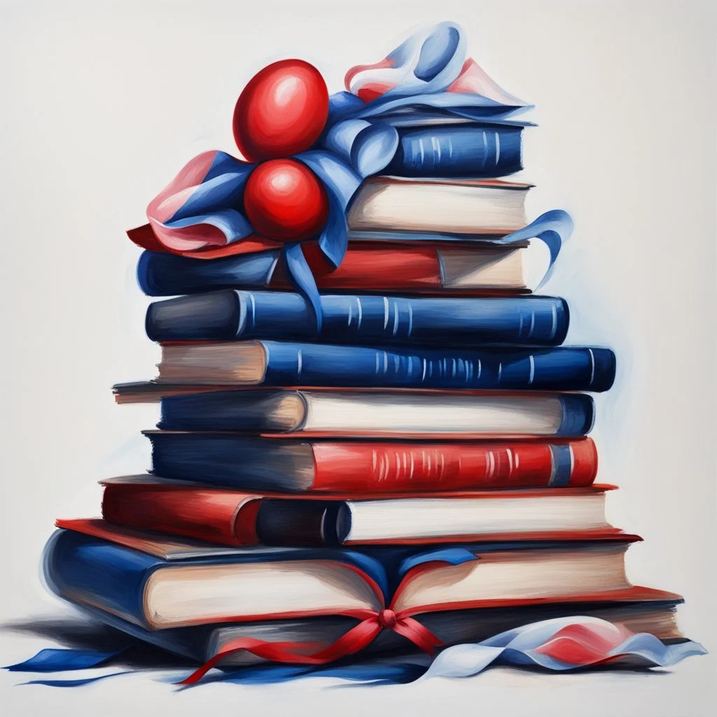 oil painting, in the style of Easter illustrations, midnight blue and red, stack of books with airbrush tape, white background only