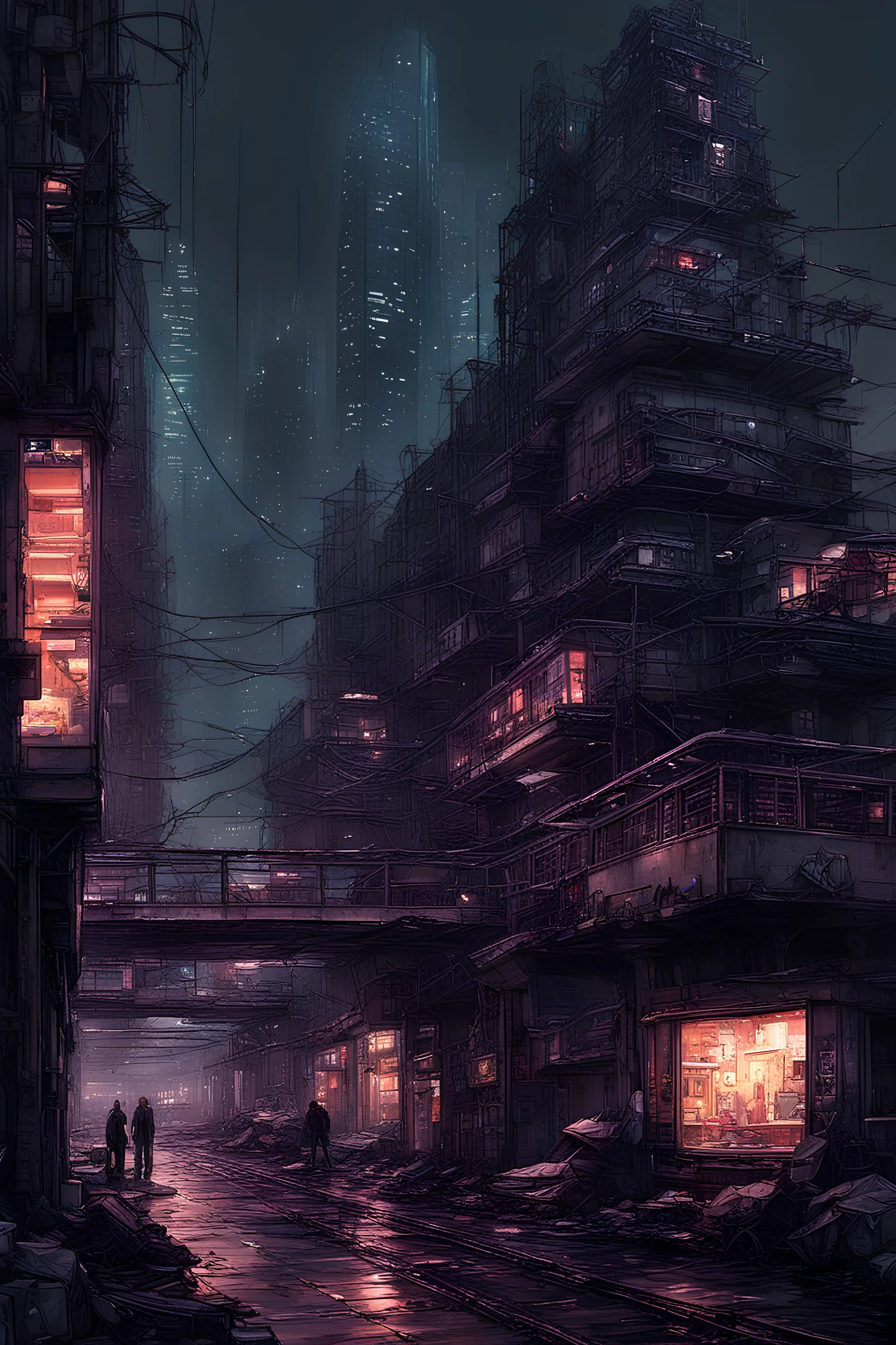 dystopian cyberpunk cityscape at night. Include tall run-down buildings with broken windows, scattered lights, bridges connecting structures with shops, rubbish in the streets, broken vehicles, and a malfunctioning monorail system. Depict a depressed atmosphere, gloom, and moody ambiance with dark colors. Ensure intricate detailing of broken futuristic architecture and graffiti. Provide an internal view of a dystopian metropolis inside a large tower at night, conveying a sense of desolation