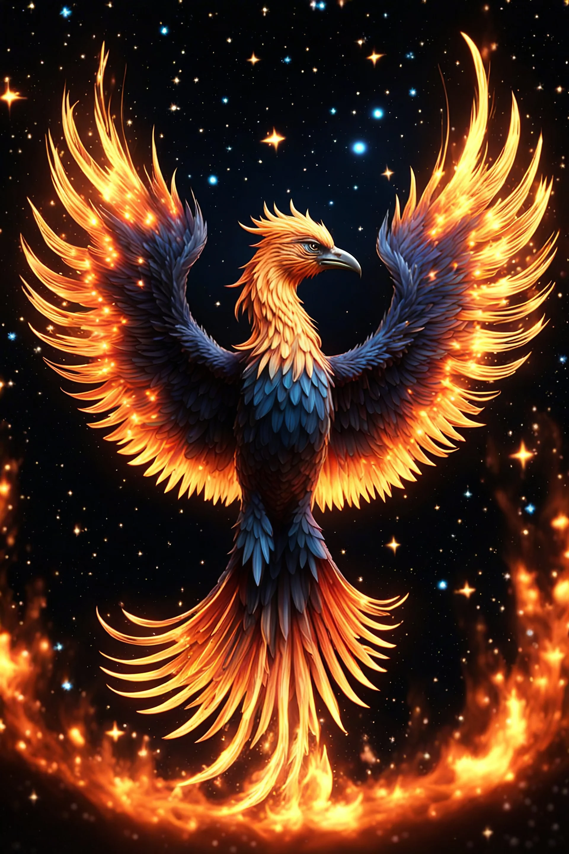 Depth of Field, Majestic fire phoenix on Black Starry Sky Background 4K 3D High Resolution High Stereoscopic Perception High Detail High Quality Concept Art Abstraction 8K Fantasy Beautiful Elegant Intricate Colorful Focused