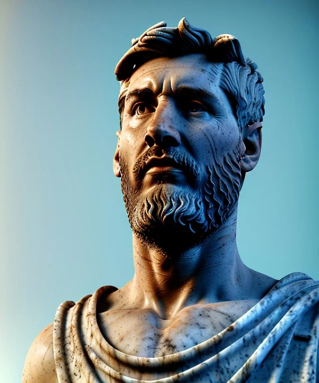 Ultra Realistic image, roman sculpture, marble deluxe material, Lionel Messi, Greece Laurel crown, miguel angel style, chisel style, emperador, waist up portrait, cinematic lighting, God light, god rays, 4k resolution, smooth details, ornate details, soft lighting, unreal engine 5, sky background.