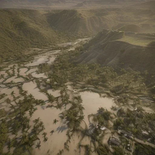 gardens of palms and grape under which river flow