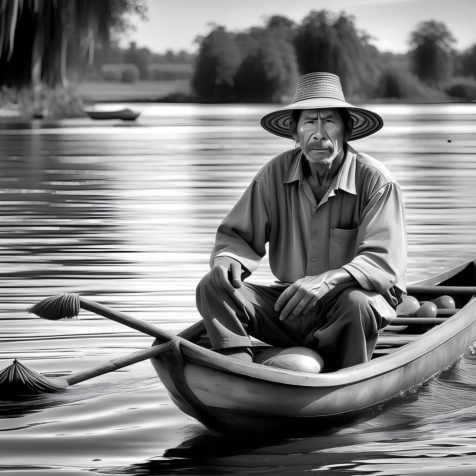 Fotografía real de un pescador humilde en el río Paraná en Argentina.