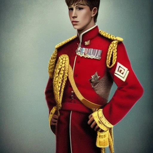 portrait of a young prince, wearing red military suit, golden small crown, digital art, smooth, realistic, elegant, ornate, ultradetailed, intricate, hd, 4k,