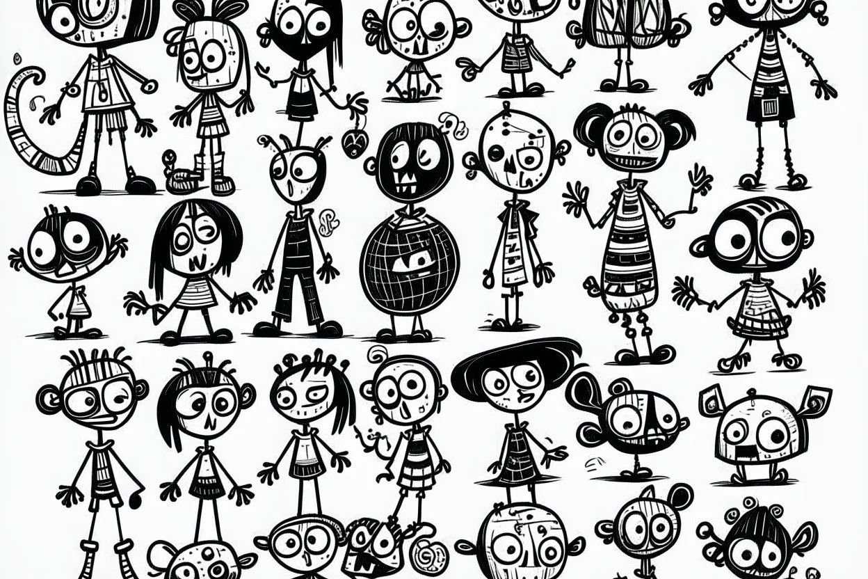 make a bunch of simple hand-drawn spooky and cute cartoon characters with bodies arms, and legs I could draw and make them all different make them looks like the 50s and 60s cartoon art