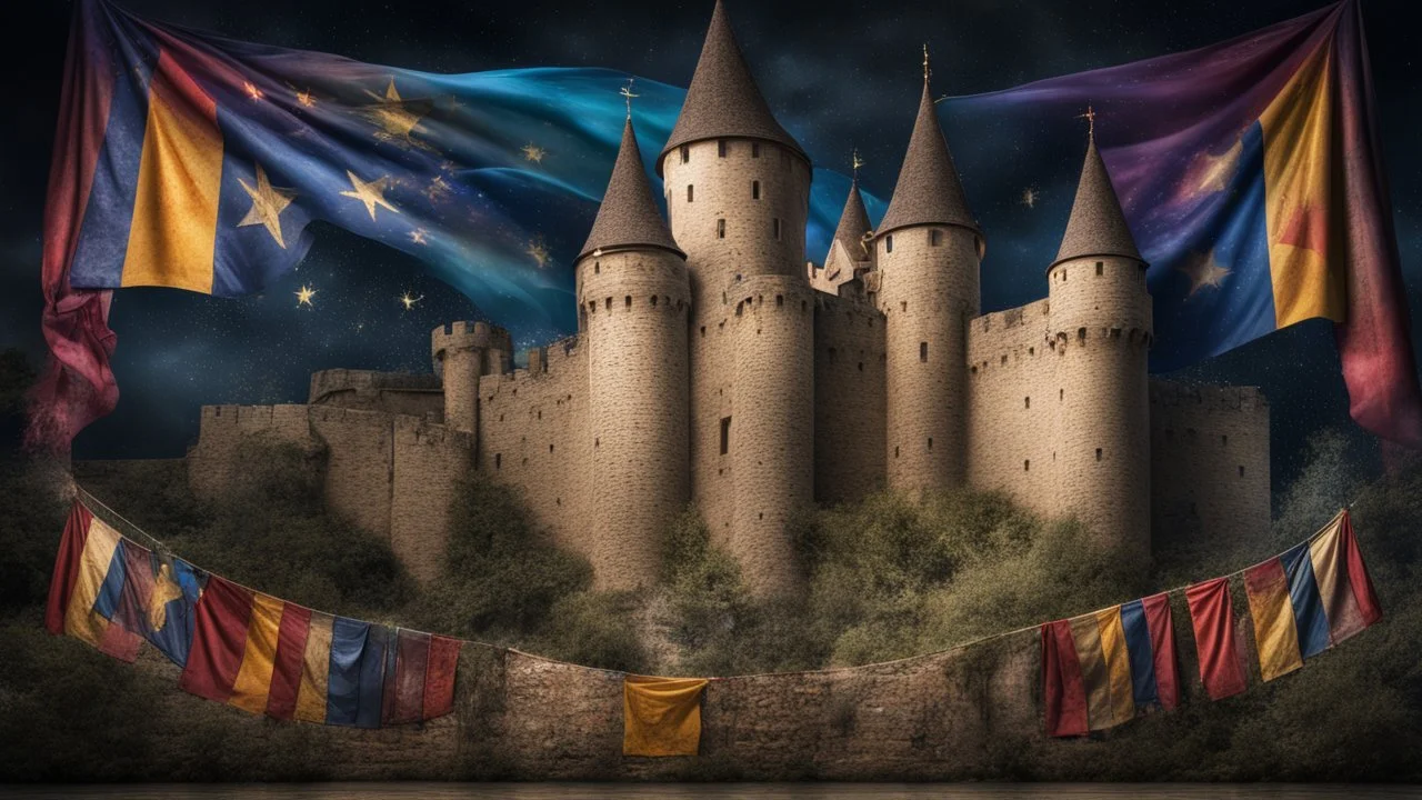 dream world, medieval castle interior, magnificent, coloured pictorial tapestries, brightly coloured flags, coat of arms, calm beauty, fantasy world, magic, night, darkness, starlight, splendor, uplifting, inspiring, therapeutic, chiaroscuro, color, award-winning colour photograph, beautiful composition, exquisite detail, Nikon 55mm