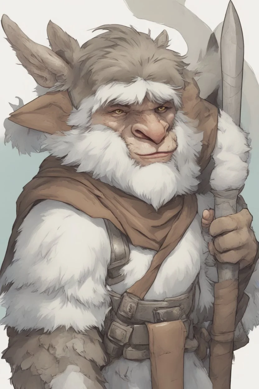 Dnd a young bugbear with WHITE fur and leather armor