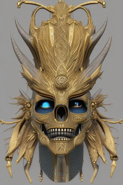 Aztec male African Egyptian alien, cracks in the voodoo head, wicked, eyes, crown, Elephant, 8k, finely detailed, photo realistic, tiger turquoise skull head gold dragon space alien snow skeleton gold hornytoad silver crown silver eyes