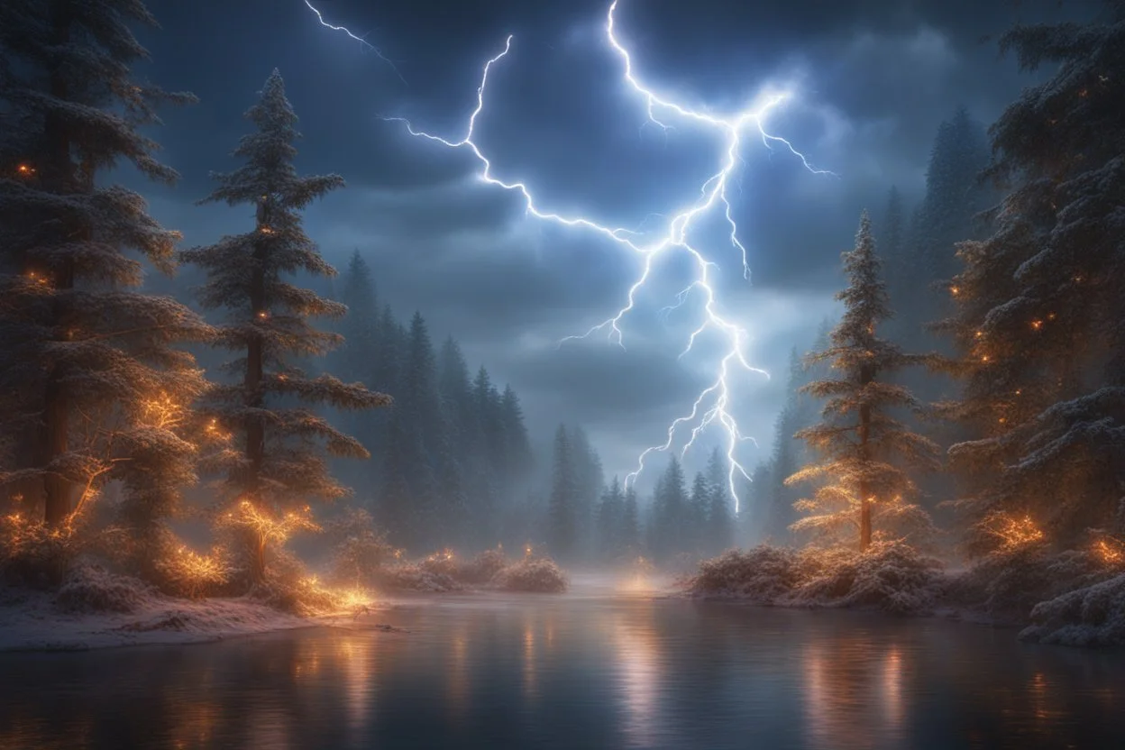 lightning sparkling christmas lights in forest, on lakeside in sunshine detailed matte painting, deep color, fantastical, intricate detail, splash screen, complementary colors, fantasy concept art, 8k resolution trending on Artstation Unreal Engine 5