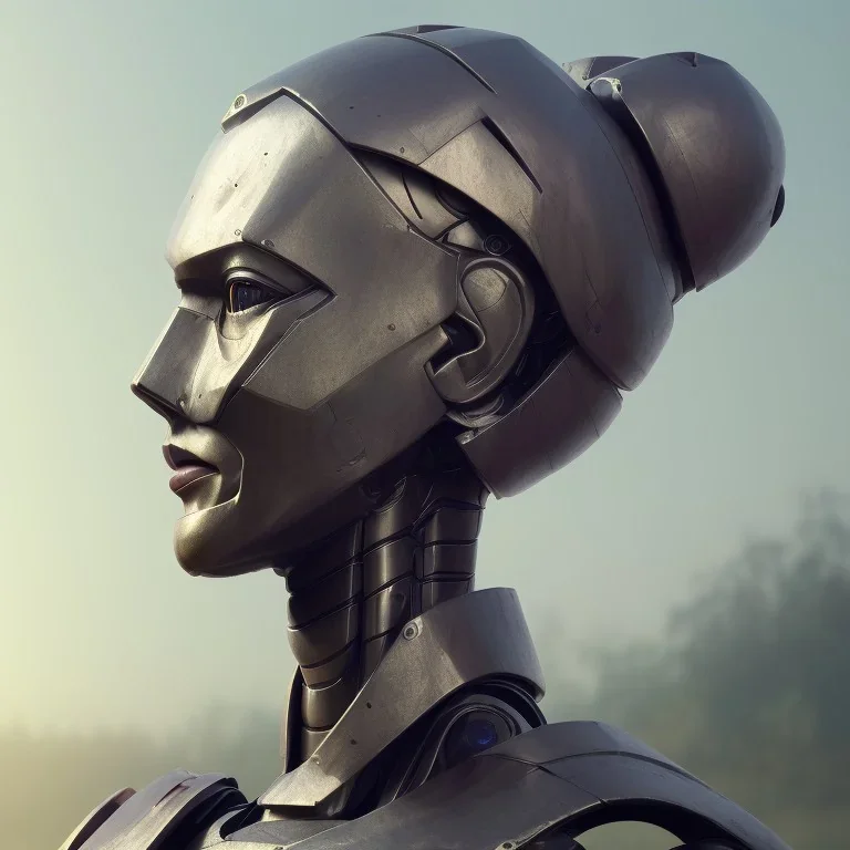 Robot cute profile head portrait, warrior costume, village, meditation, 8k quality