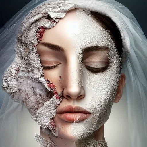 broken, cracked-open woman's face, fine detail, highly intricate, wearing bridal veil, modern surrealism painting, high-quality, volumetric lighting, 8k, ultrahd, George Grie, Marco Escobedo, Igor Morski