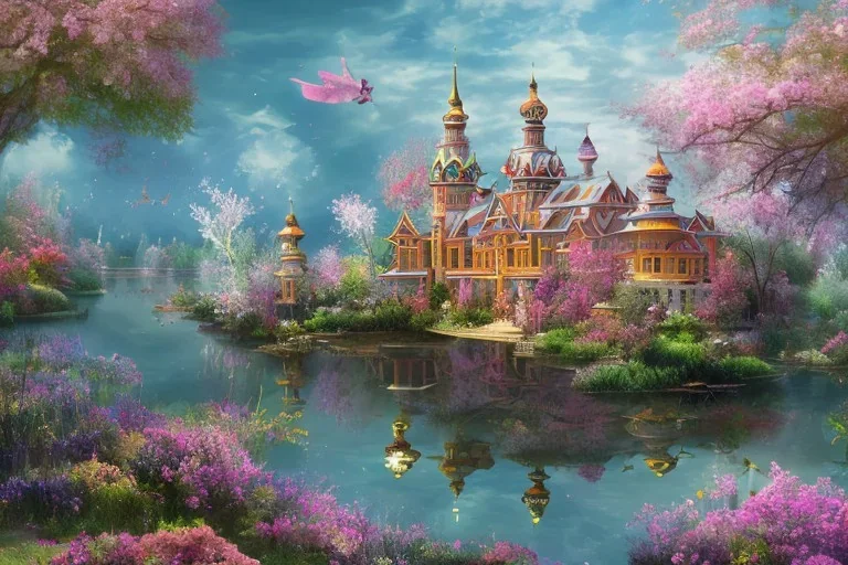 castello trasparente con bordi dorati e fiori rosa con laghetto davanti con profondita'