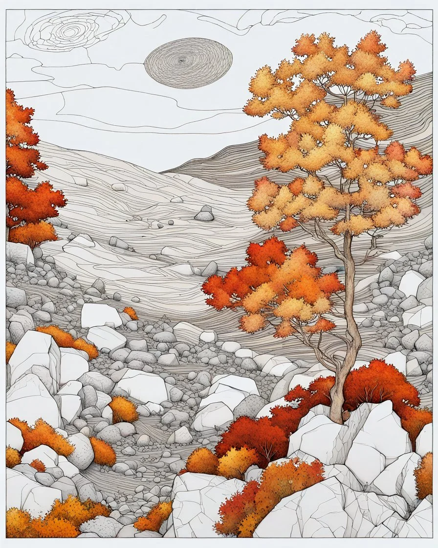 Autumn colors, peaceful, Egon Schiele, Max Ernst, night sky filled with galaxies and stars, rocks, trees, flowers, one-line drawing, sharp focus, 8k, deep 3d field, intricate, ornate, one million strokes