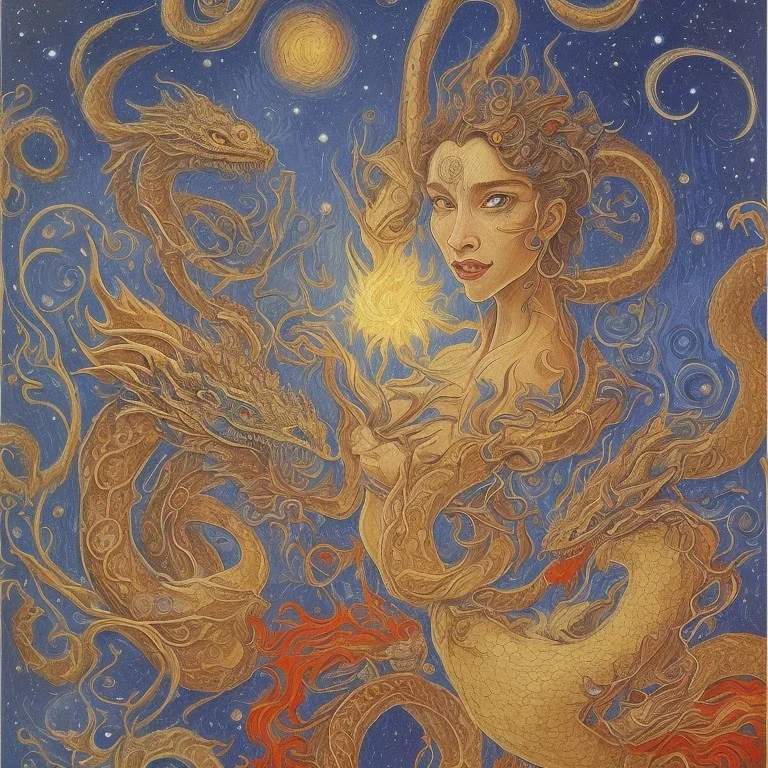 A smiling witch with a beautiful face and full and detailed details performing magic of water, fire, wind and earth with a wooden and crystal wand shining in various colors with a background of large and beautiful dragons flying in an azure sky with A background of a large snake with many heads, in full detail, Ismailoglu, Van Gogh, post-apocalyptic, fantasy, imaginary, 8k, 16k,