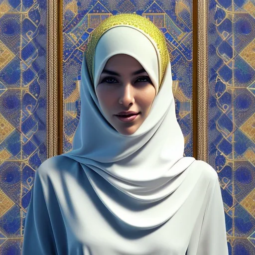 woman in flowing, white burka standing in front of a mosque with blue, green, gold mosaic walls, profile, wide-angle lens, high-quality, fine-detail, intricate, ornate, volumetric lighting, 8k resolution, haunting, powerful, photo-realistic, 3d render, photo-quality, high-quality