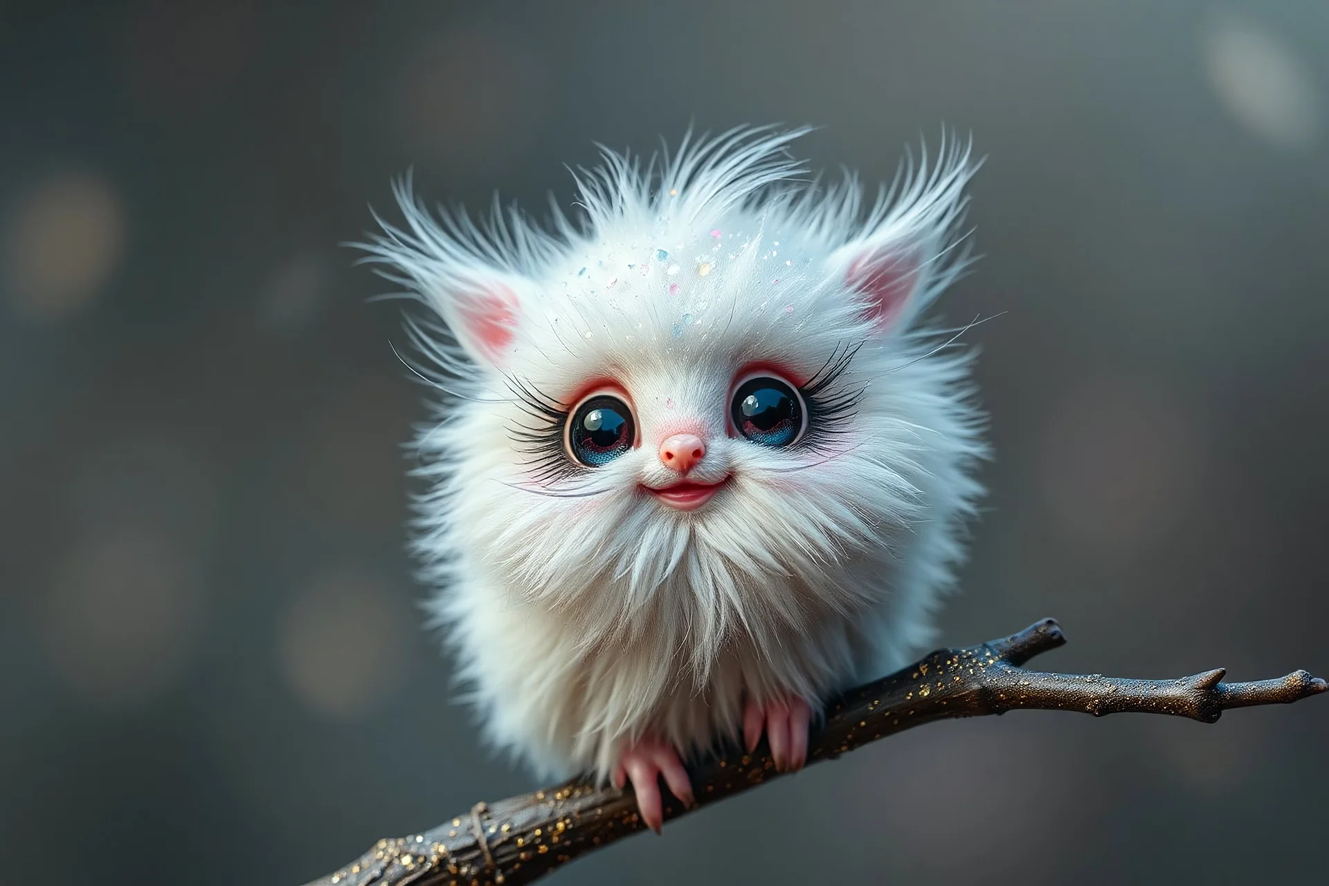 A very fluffy funny creature with a cute face, big eyes and very long eyelashes is sitting on a branch and smiling. glitter, mother of pearl, diamond painting, rose, glitter, applying persil gel, hyperdetalization, beautiful, diamond-gold dust, neon lightning, lightness, iridescence, colorfulness. mystical fog, microdetalization