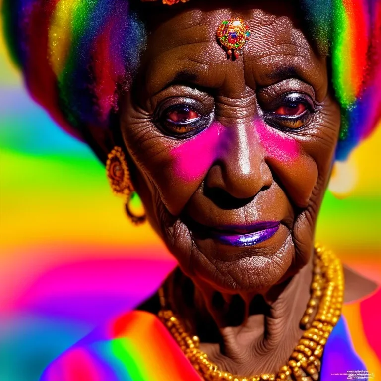 masterpiece, best quality, old woman, dark skinned, sparkling eyes, fluorescent skin, colorful makeup, afro, head shot, highly detailed body, sun light, 4K, RAW, depth of field, high contrast, realistic details, 24mm