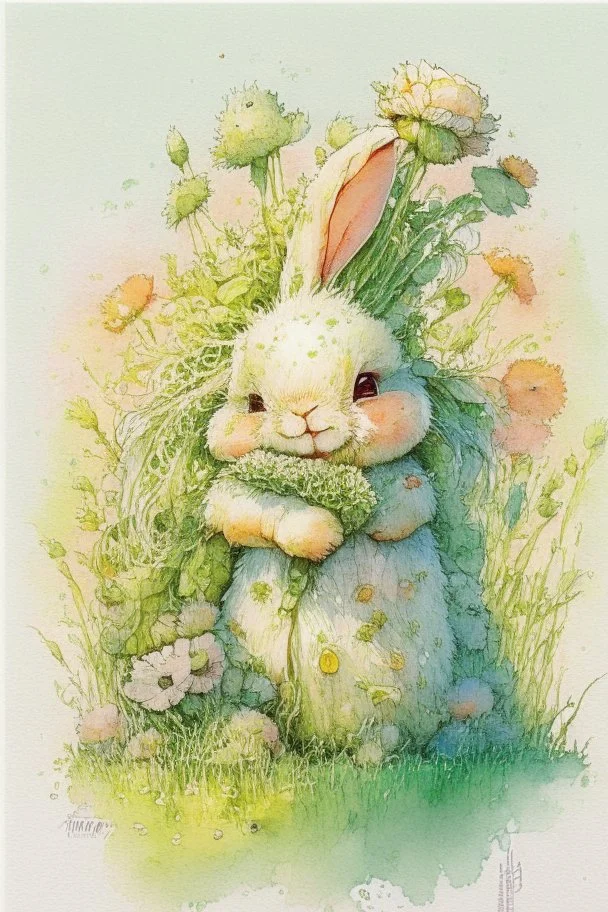 a cheerful cute furry fluffy chibi bunny holding a beautiful big carrot with the green on the green field with flowers S<AI by Jean-Baptiste Monge, watercolor and ink, intricate details, fantasy, beautiful, award winning, colorful, fantastic view, crisp quality, in sunshine