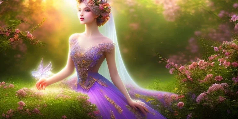 bright fairy, beautiful portrait, flowery landscape