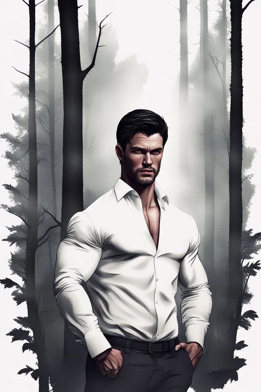 Ultra realistic photograph of muscular male in white button up shirt, dark hair cut short and stubble on chin, dark fantasy forest