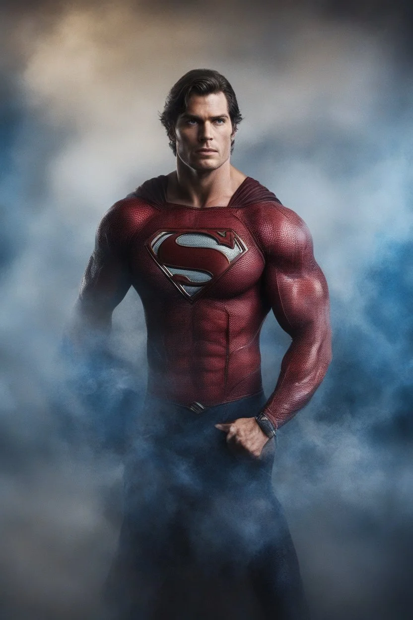 Christopher Reeve/Henry Cavill/David Corenswet ((Superman)), new 52, extremely huge, overexaggerated muscles, posing and flexing in a front of the camera, random extreme action poses, an extremely colorful, multicolored foggy blue marble wall in the background with a colorful marble tile floor, multicolored lightning, realism engine,