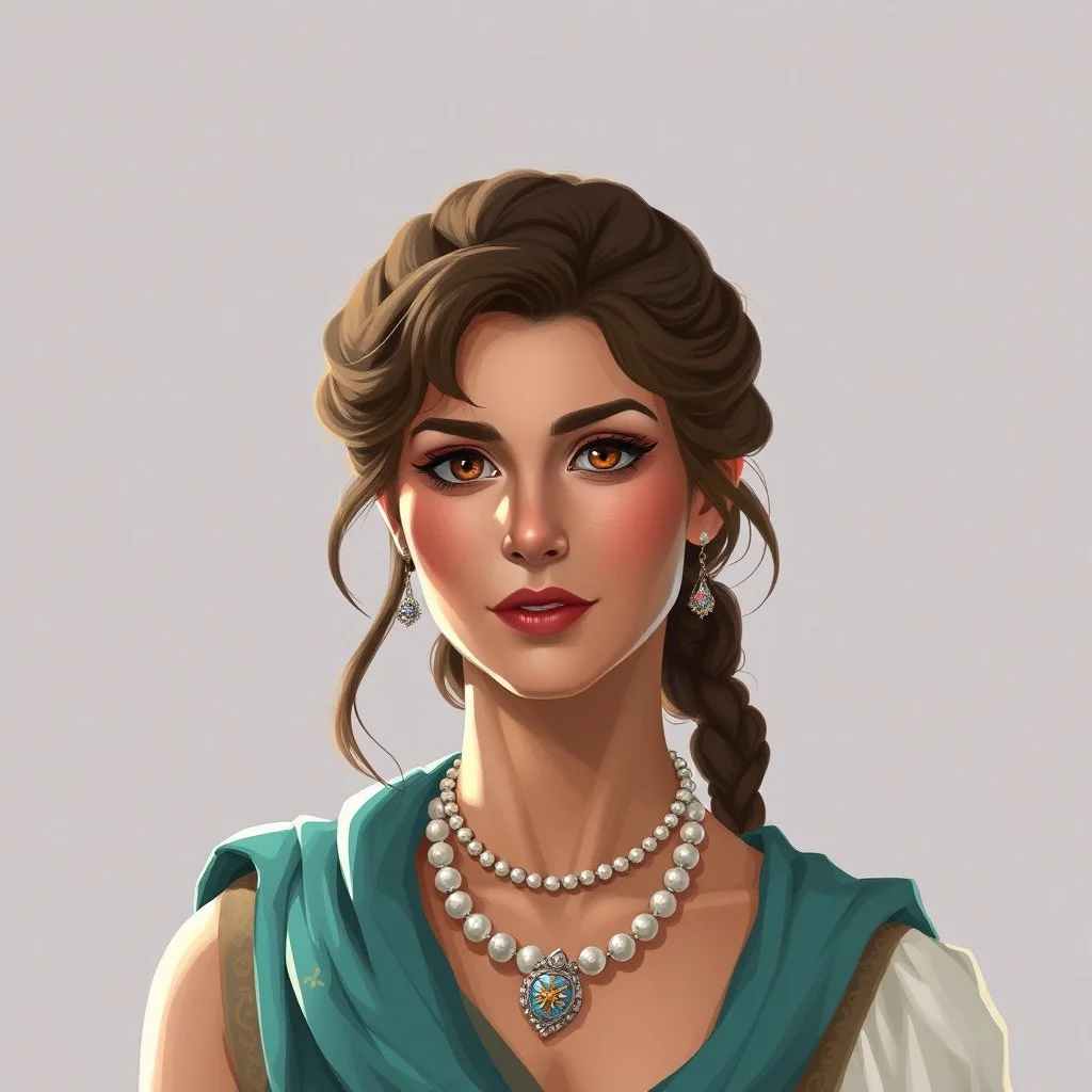A pretty Roman girl, hazel hair, aged 50, wealthy, digital art, stylised